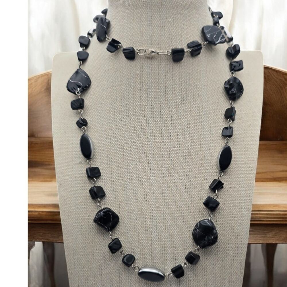 Black Marbled Glass Necklace Silver Accents – Modern Sculptural Chic